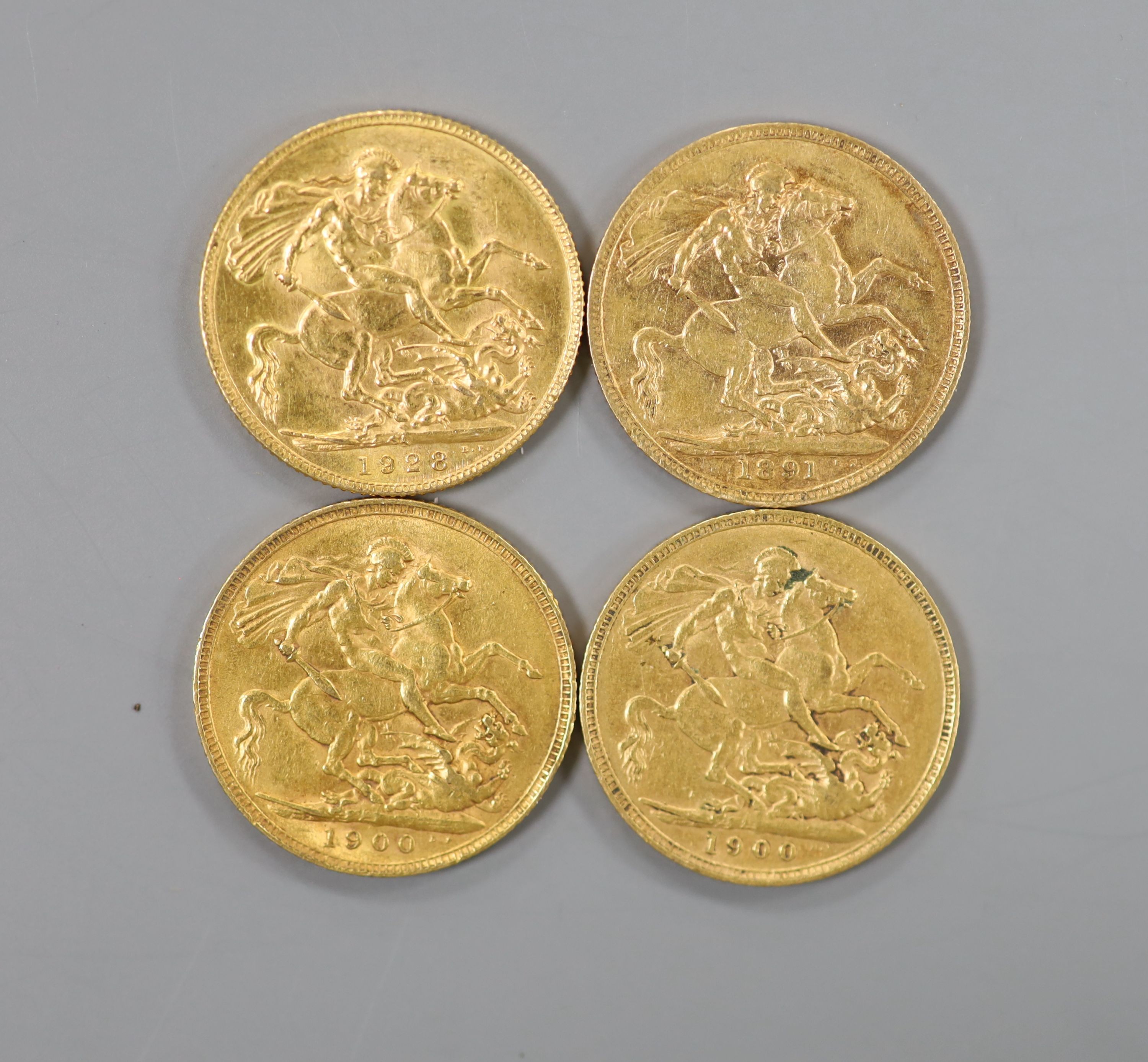 Four gold sovereigns, 1991,1900(2) and 1928.